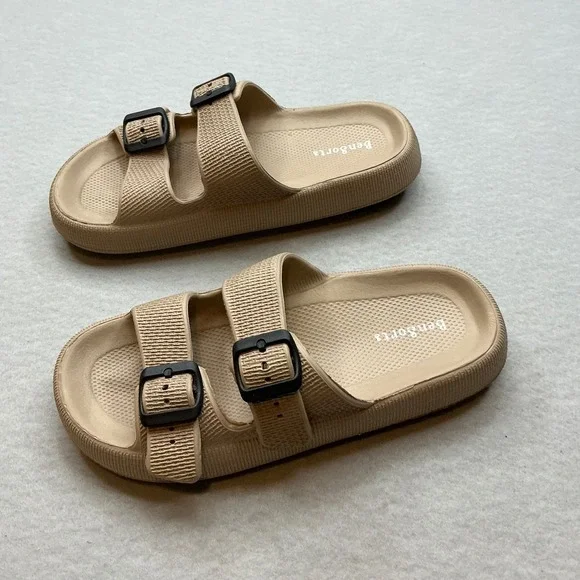 BenSorts Slide Sandals Double Buckle Beige Tan Size 40-41 Womens Comfort Slides - Picture 6 of 11